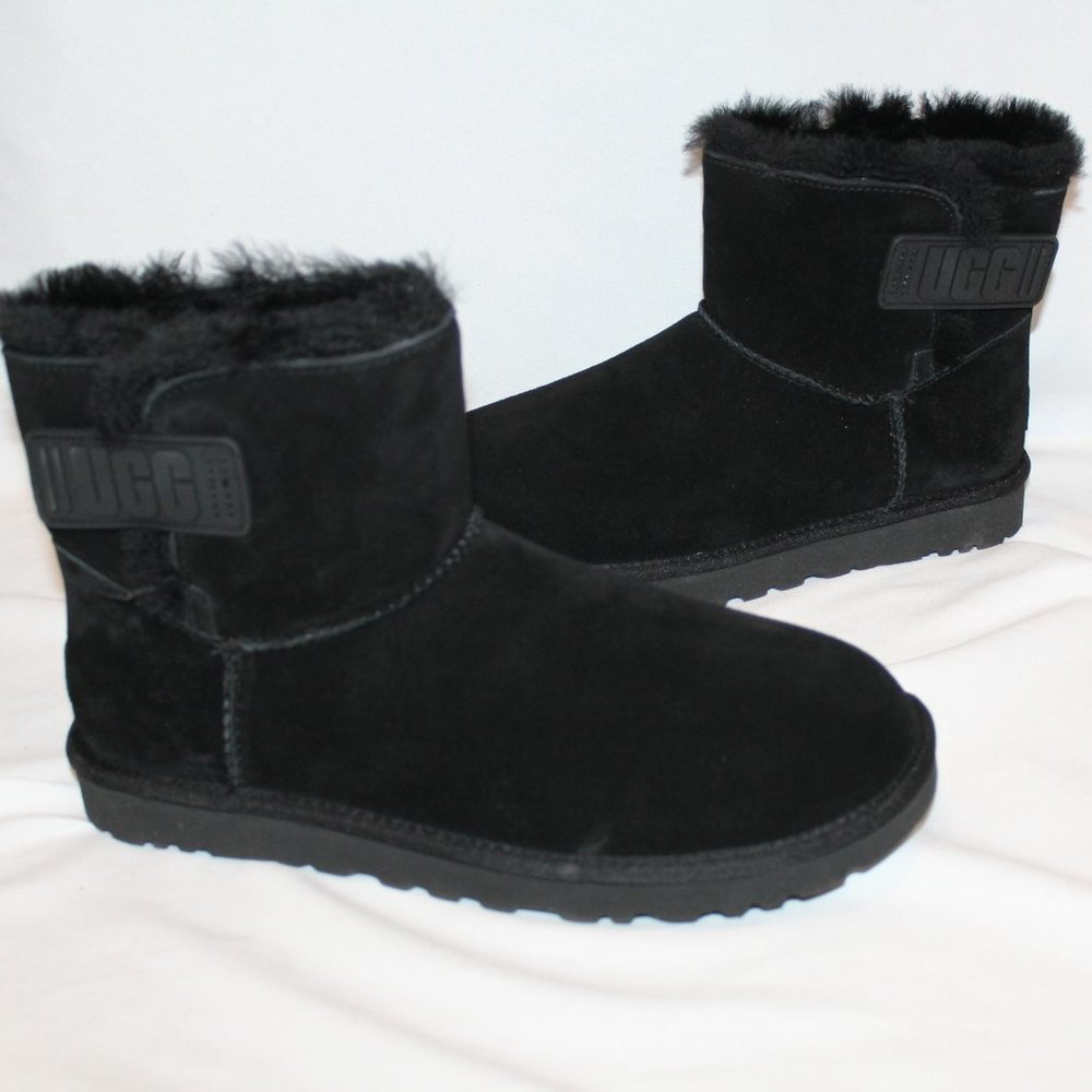 NIB‎ UGG LOGO STRAP MINI SUEDE SHEARLING LINED ANKLE BOOTS BLACK